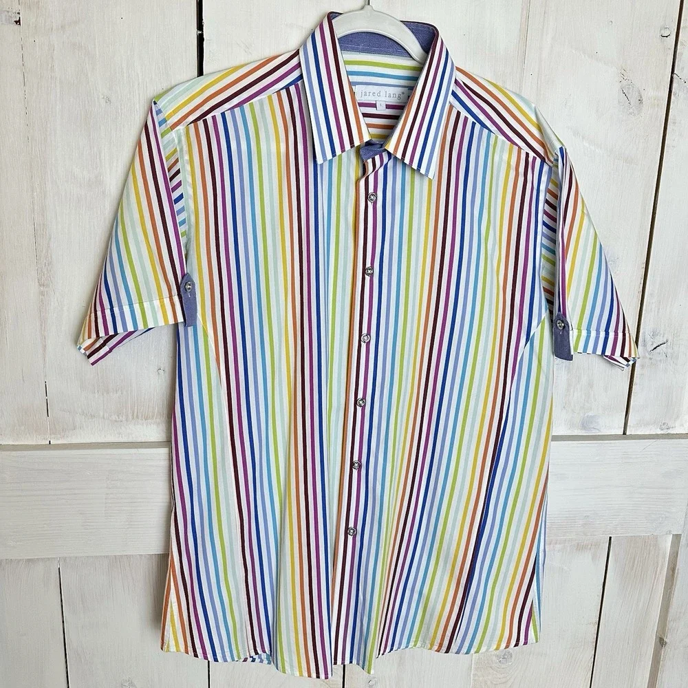 Jared Lang Short Sleeve Large Rainbow Striped Button Up 100%  Luxury Cotton Sz L - Picture 3 of 9